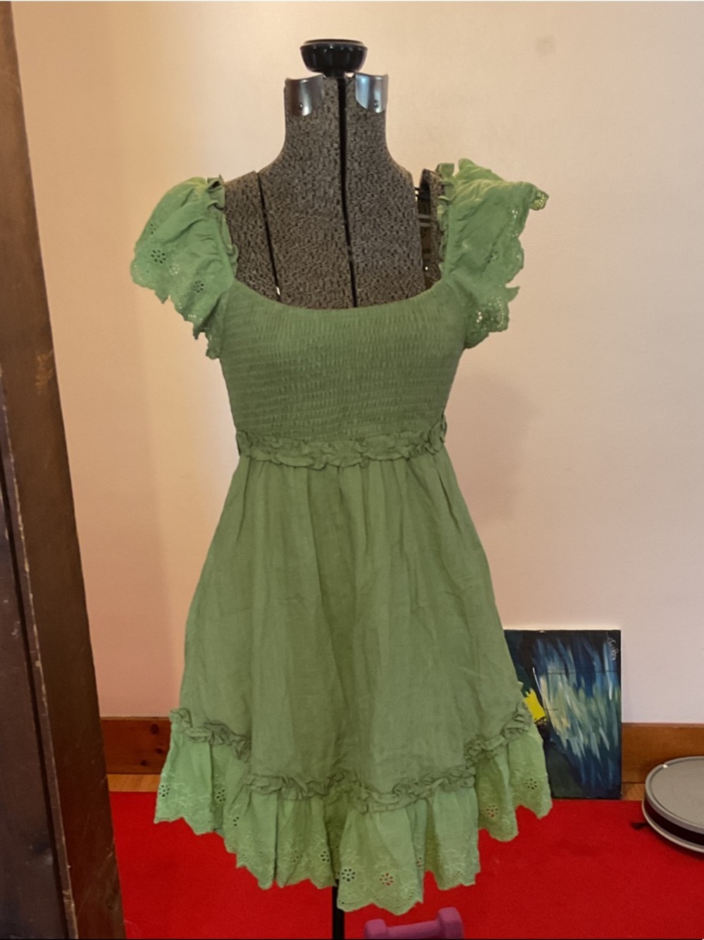 Green Smocked Mini Dress with Eyelet Ruffle Sleeves